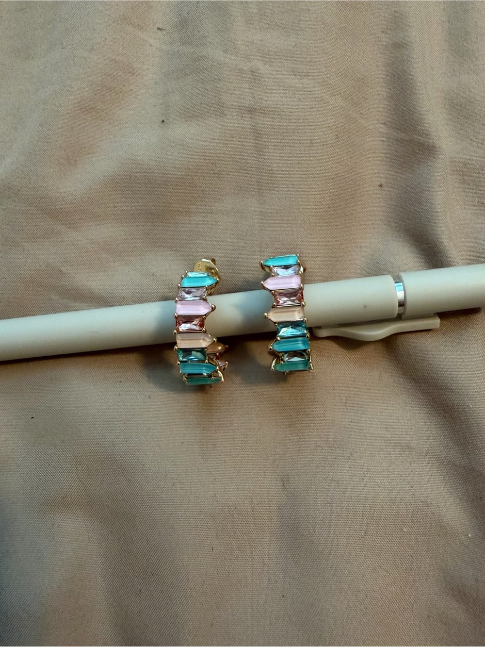 Gold-Tone Hoop Earrings with Pink and Aqua Stones